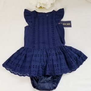 NWT Cherokee Baby Girl's Outfit Navy Blue Eyelet Dress and Bottom Set Size 12M